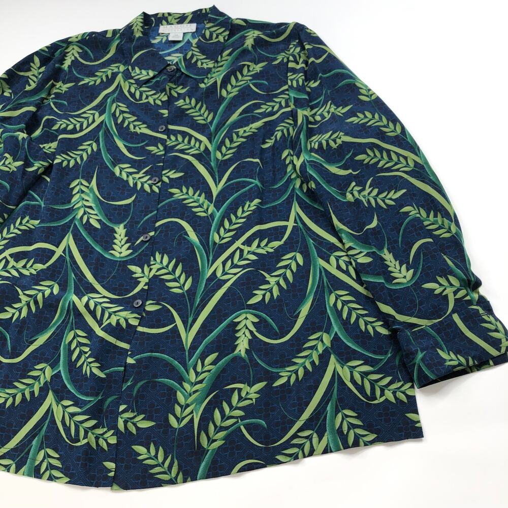 Maggie McNaughton 100% Silk Plus 3X Button Long Sleeve Shirt Floral Blue MINT - Picture 2 of 8